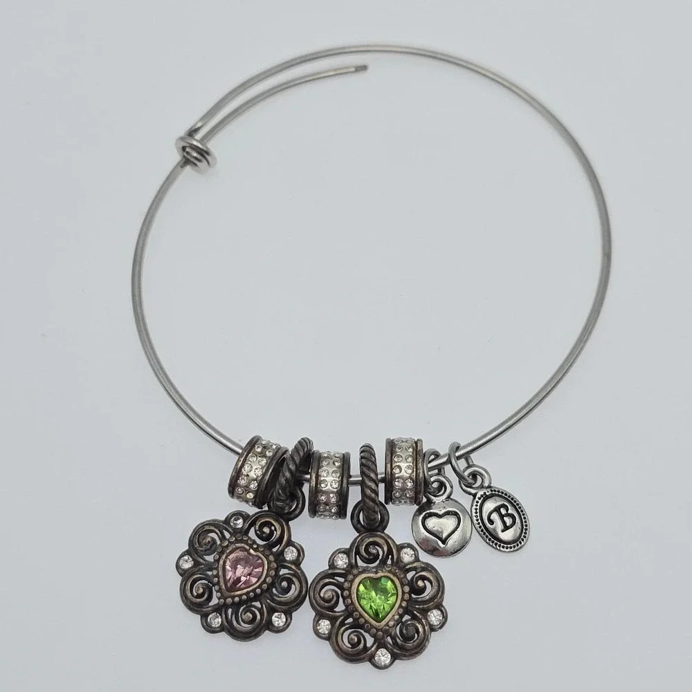 BRIGHTON Expandable Charm Bracelet Pink Green Crystals Ornate Silver Plate 8